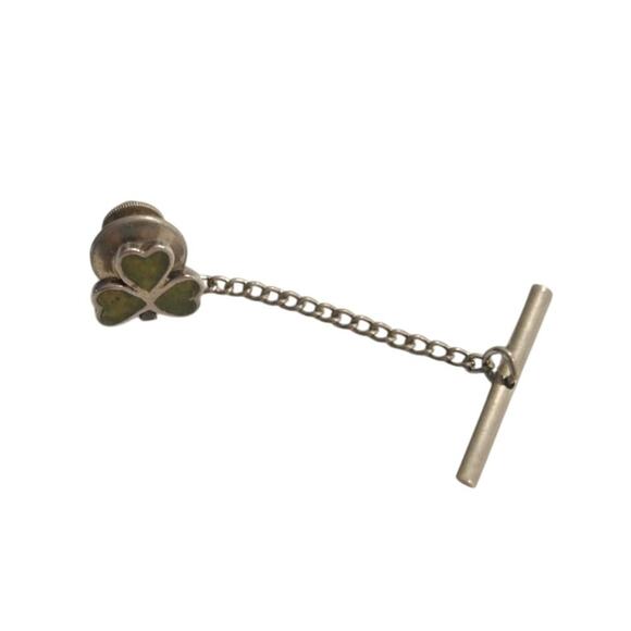 Shamrock Tie Tack 925 Sterling Silver With Green Enamel Vintage Irish Clover - Picture 1 of 11